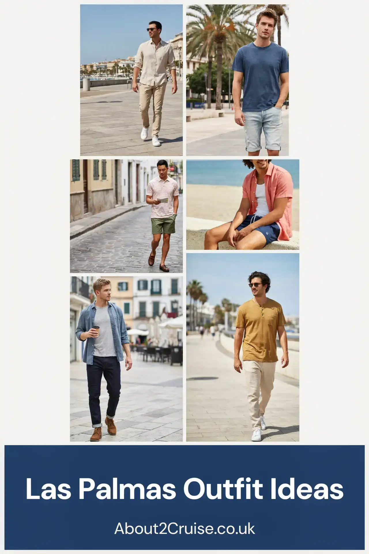 Las Palmas de Gran Canaria cruise port: mood board of men's casual walking outfits for a sunny day ashore