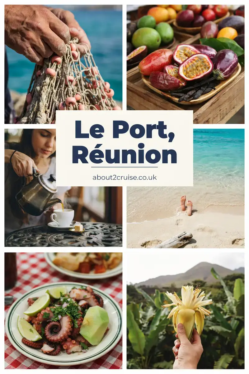 Six panel collage of close up local scenes in Le Port, Réunion, with a text box reading Le Port, Réunion and about2cruise.co.uk