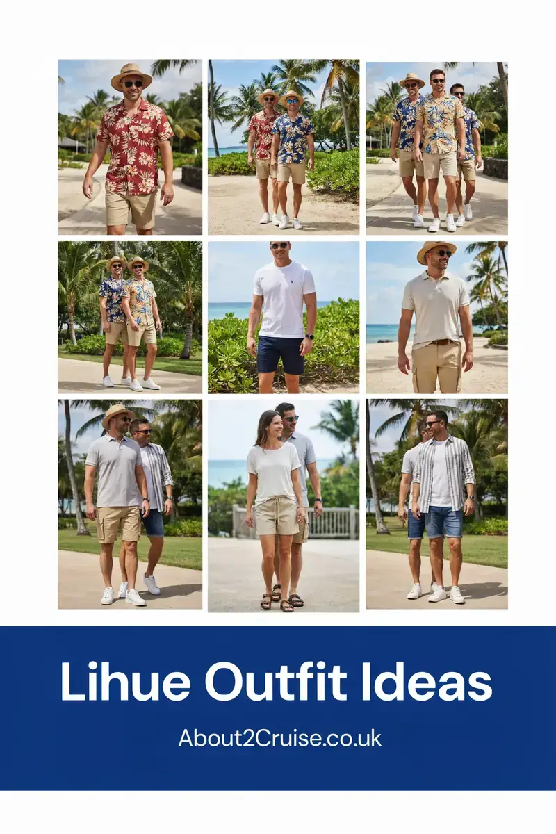 Mood board grid of casual men's tourist walking outfits for Lihue, Kauai, sunny day