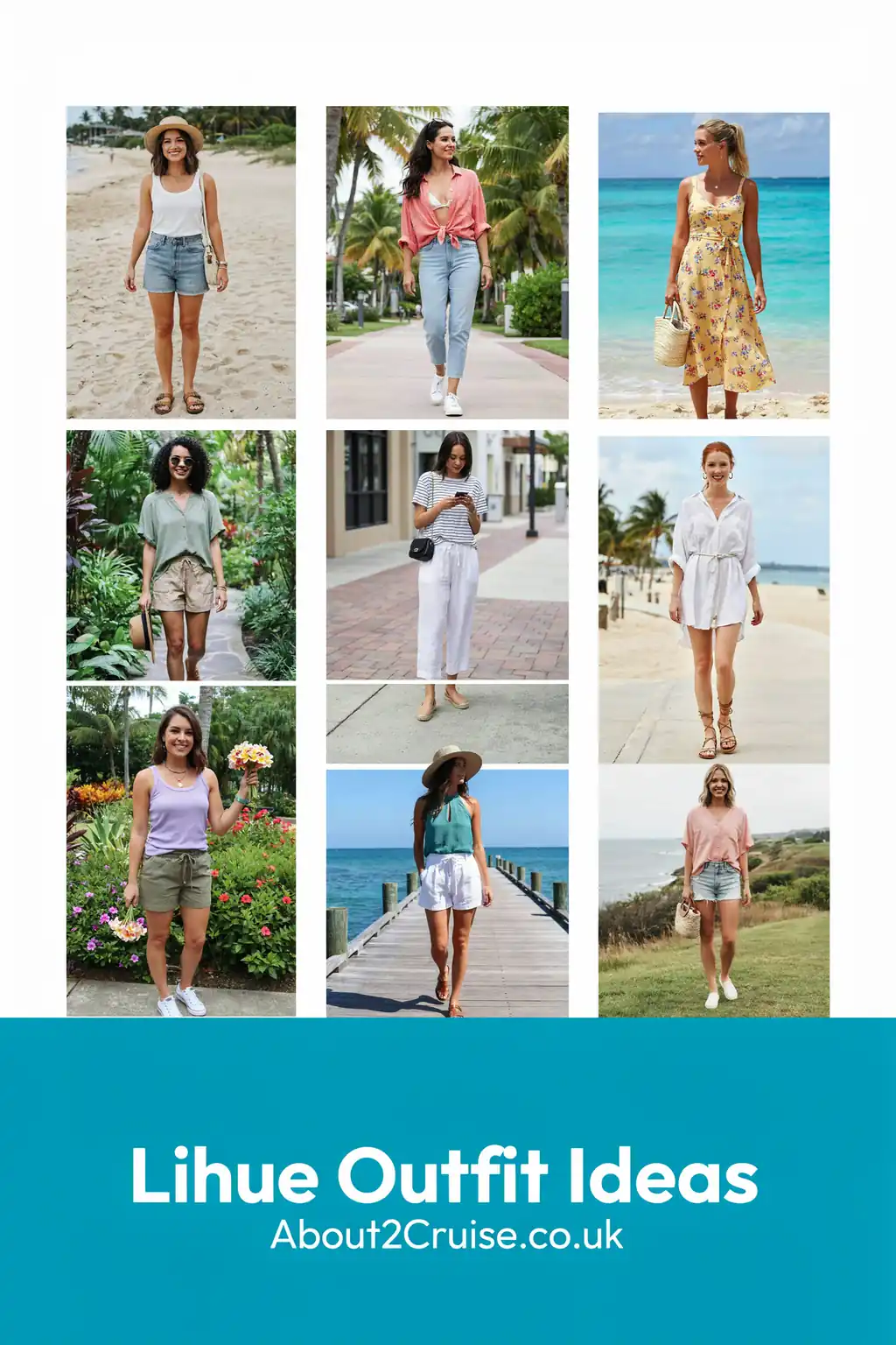 Mood board grid of casual women's tourist walking outfits for Lihue, Kauai