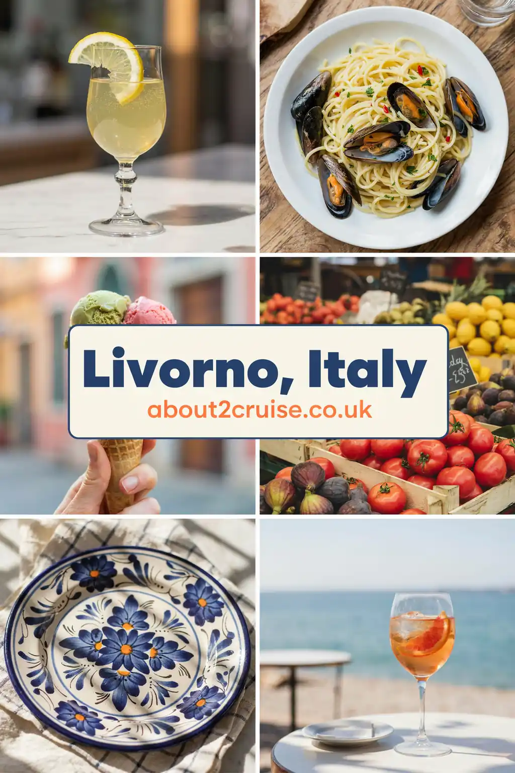 Livorno, Italy: vision board of close-up local experiences, sunny day