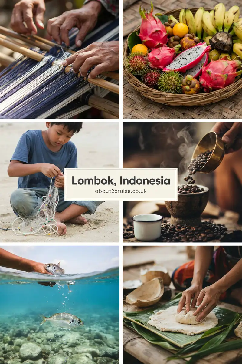 Six panel vision board of close up local experiences in Lombok, Indonesia, with text reading Lombok, Indonesia and about2cruise.co.uk