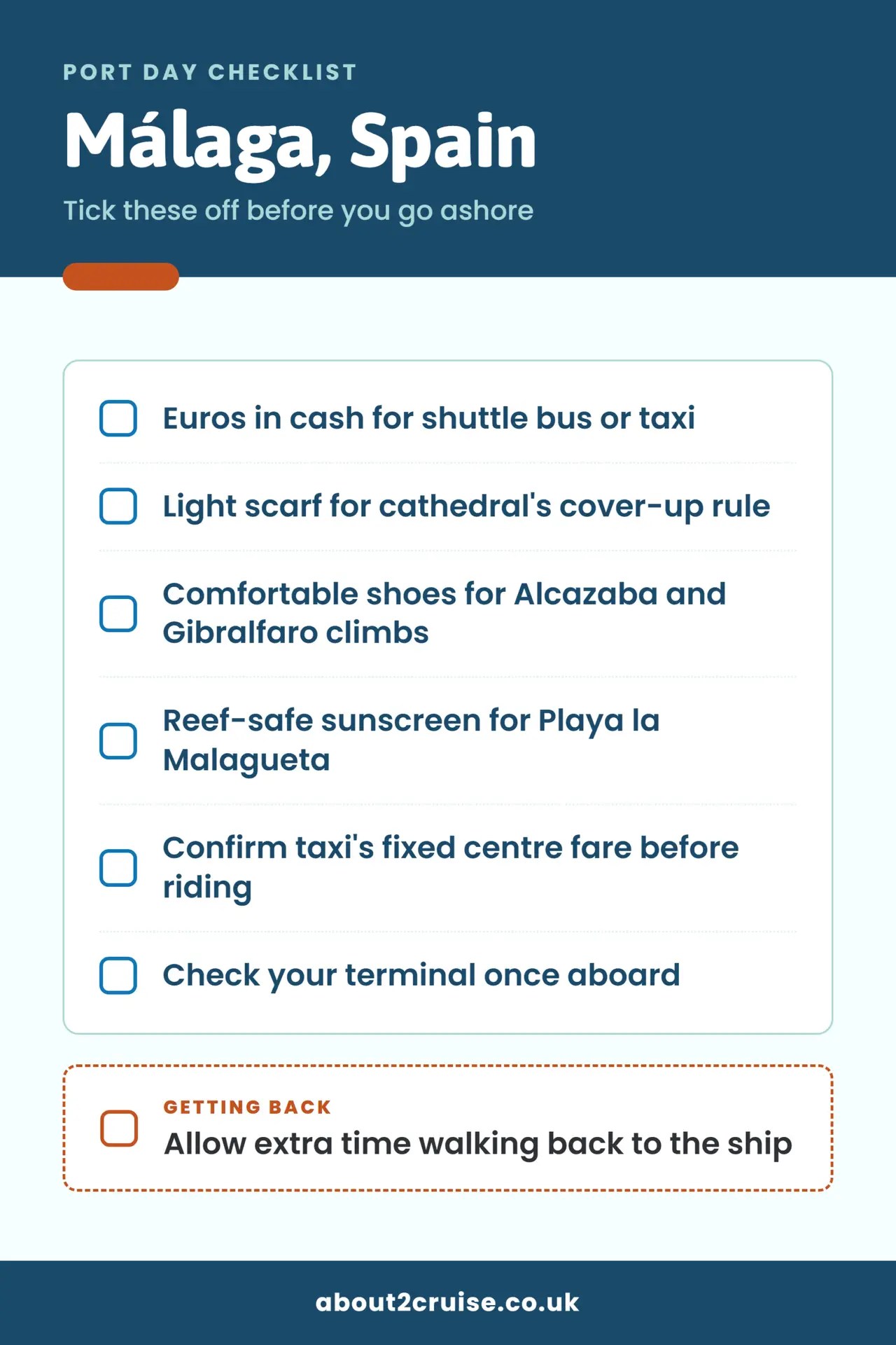 Málaga cruise port day checklist: what to bring and check before going ashore