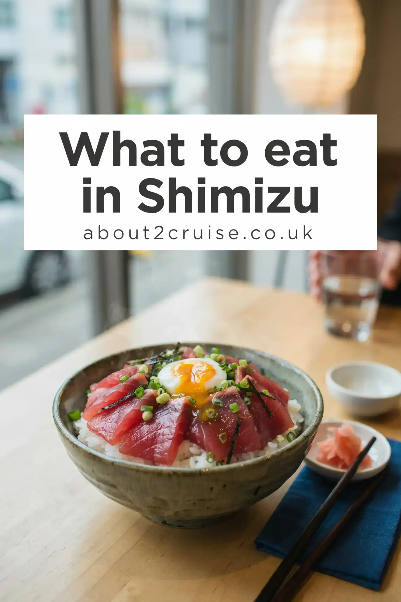 Shimizu cruise port: maguro-don tuna rice bowl at a sunny cafe table