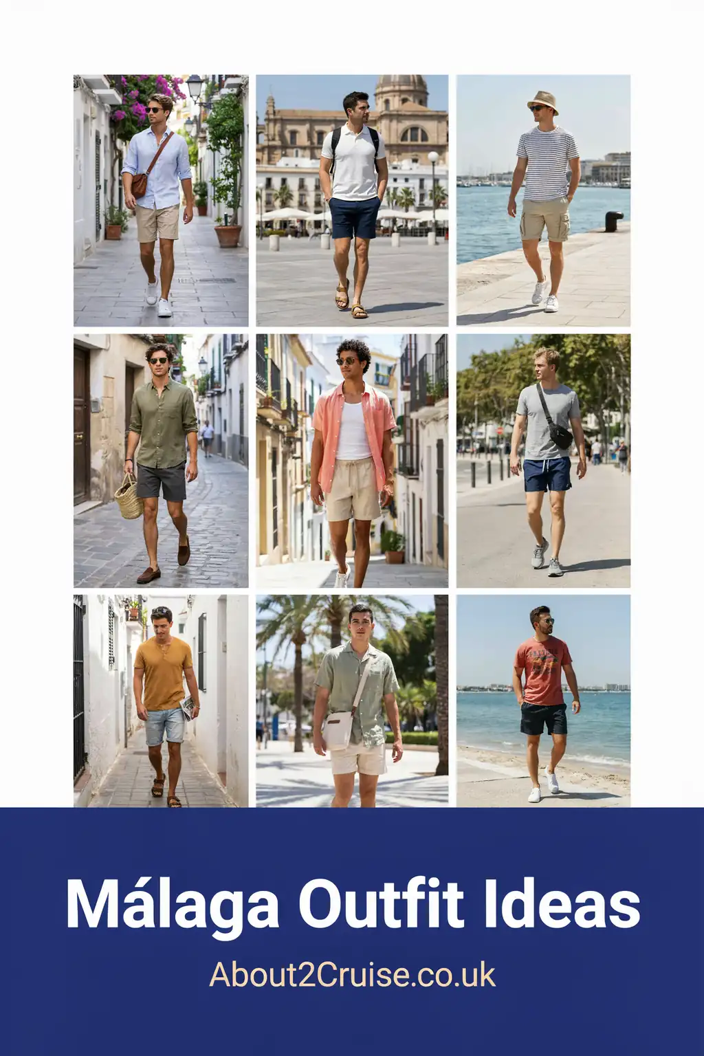 Málaga cruise port: mood board of casual men's walking outfits for a port day