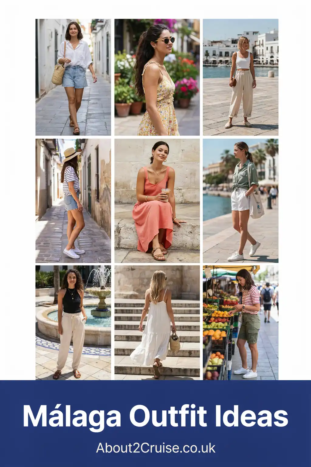 Málaga cruise port: mood board of casual women's walking outfits for a day ashore