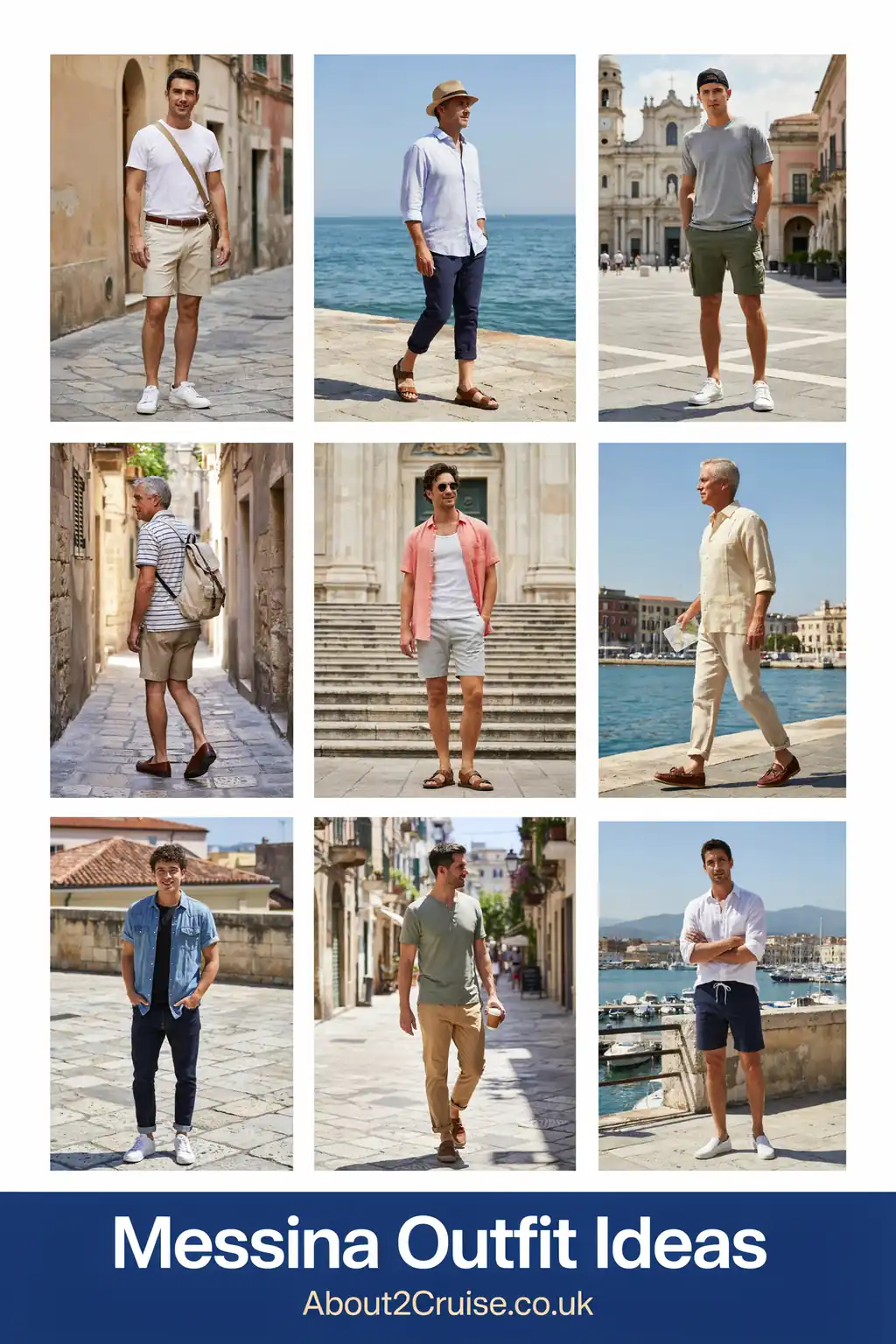 Grid of casual men's tourist walking outfits for Messina on a sunny day