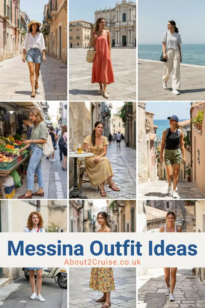 Grid of casual women's tourist walking outfits for Messina