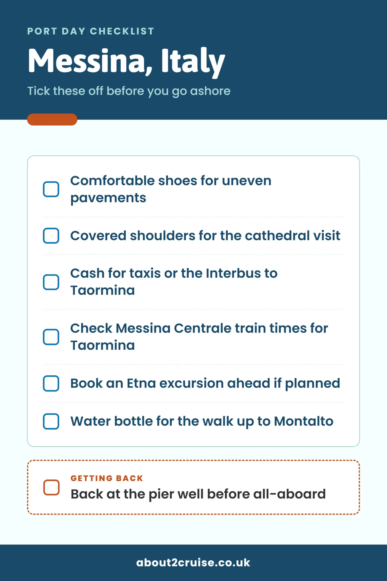 Messina cruise port day checklist: what to bring and check before going ashore