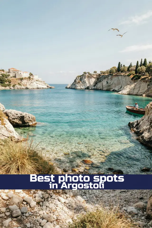 Argostoli cruise port: view over Myrtos Beach's white crescent and cliffs on Kefalonia's north coast