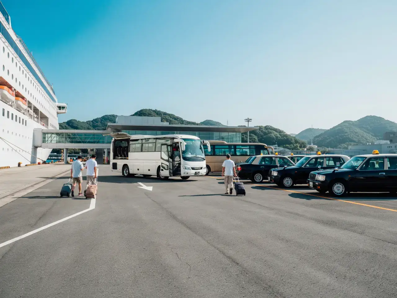 Cruise terminal building with buses and taxis waiting to take passengers into Nagasaki city