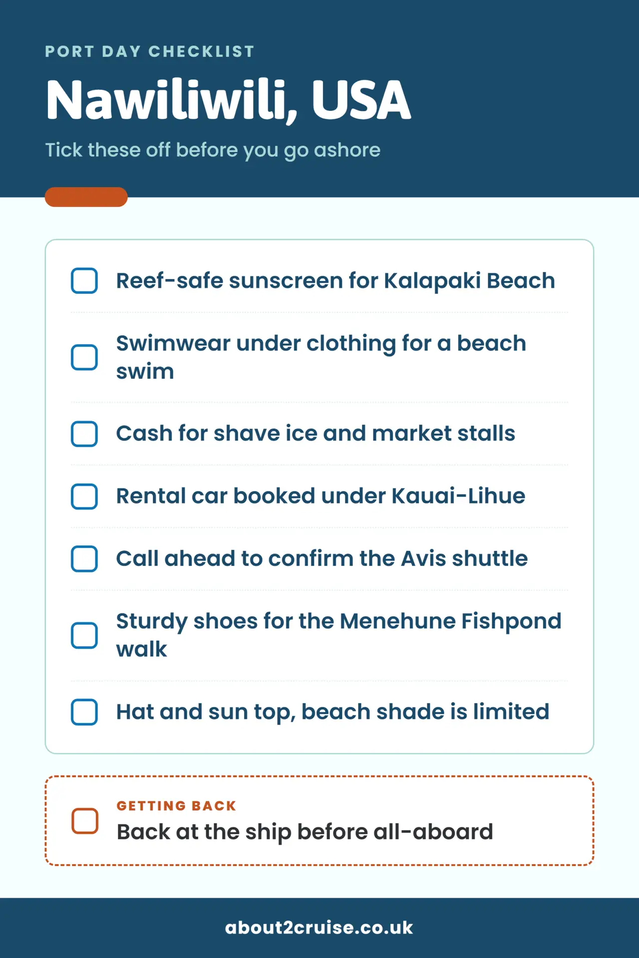 Nawiliwili cruise port day checklist: what to bring and check before going ashore
