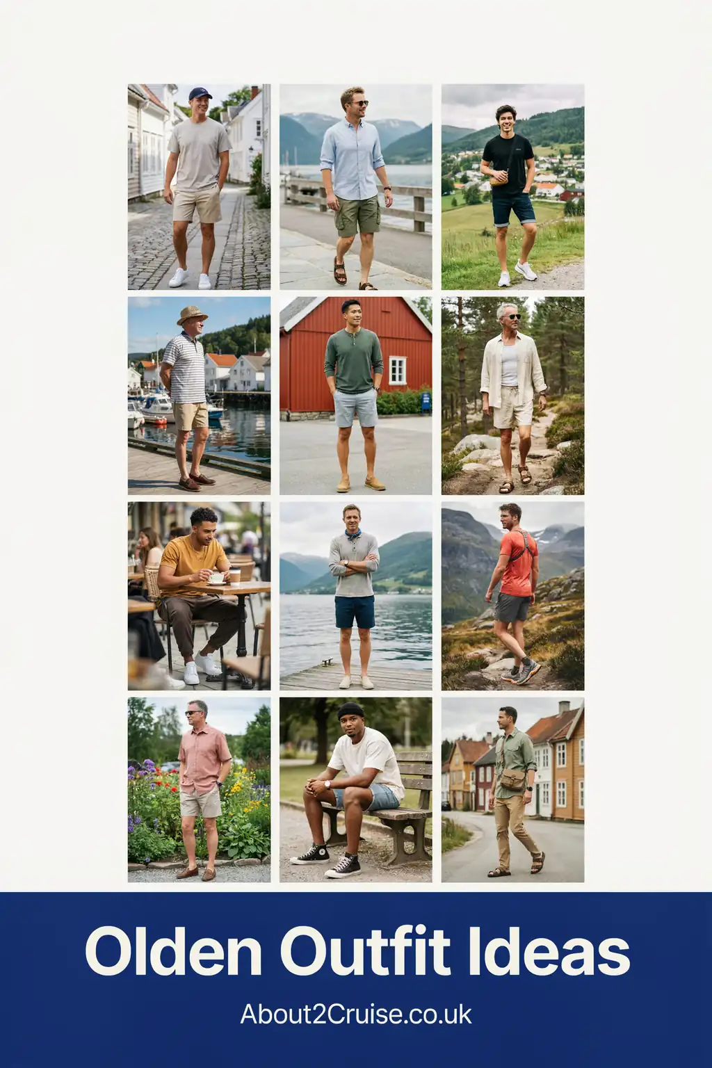 Grid of casual men's walking outfits for Olden, Norway, suited to glacier trails and mountain viewpoints