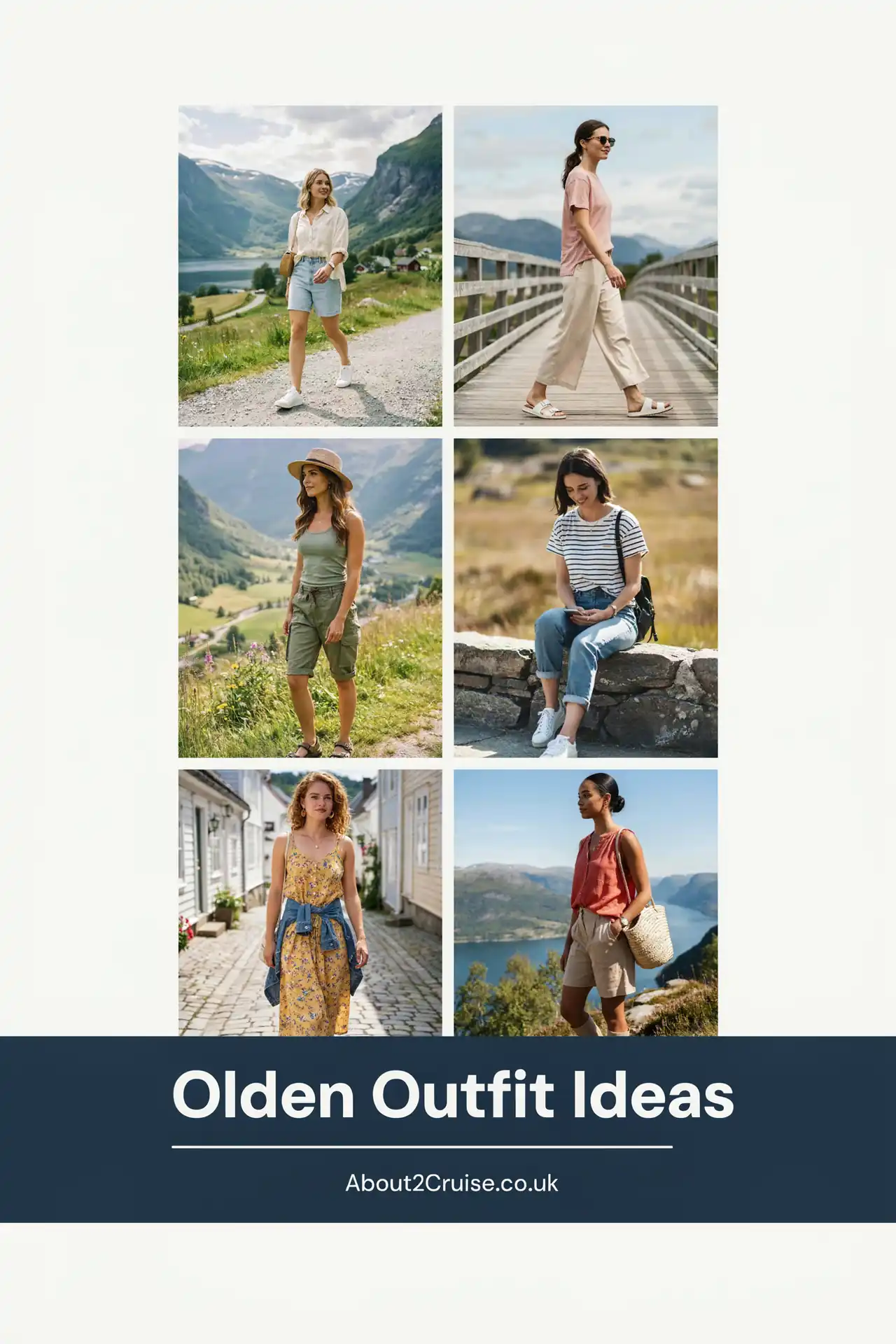 Olden cruise port: mood board grid of casual tourist walking outfits for women