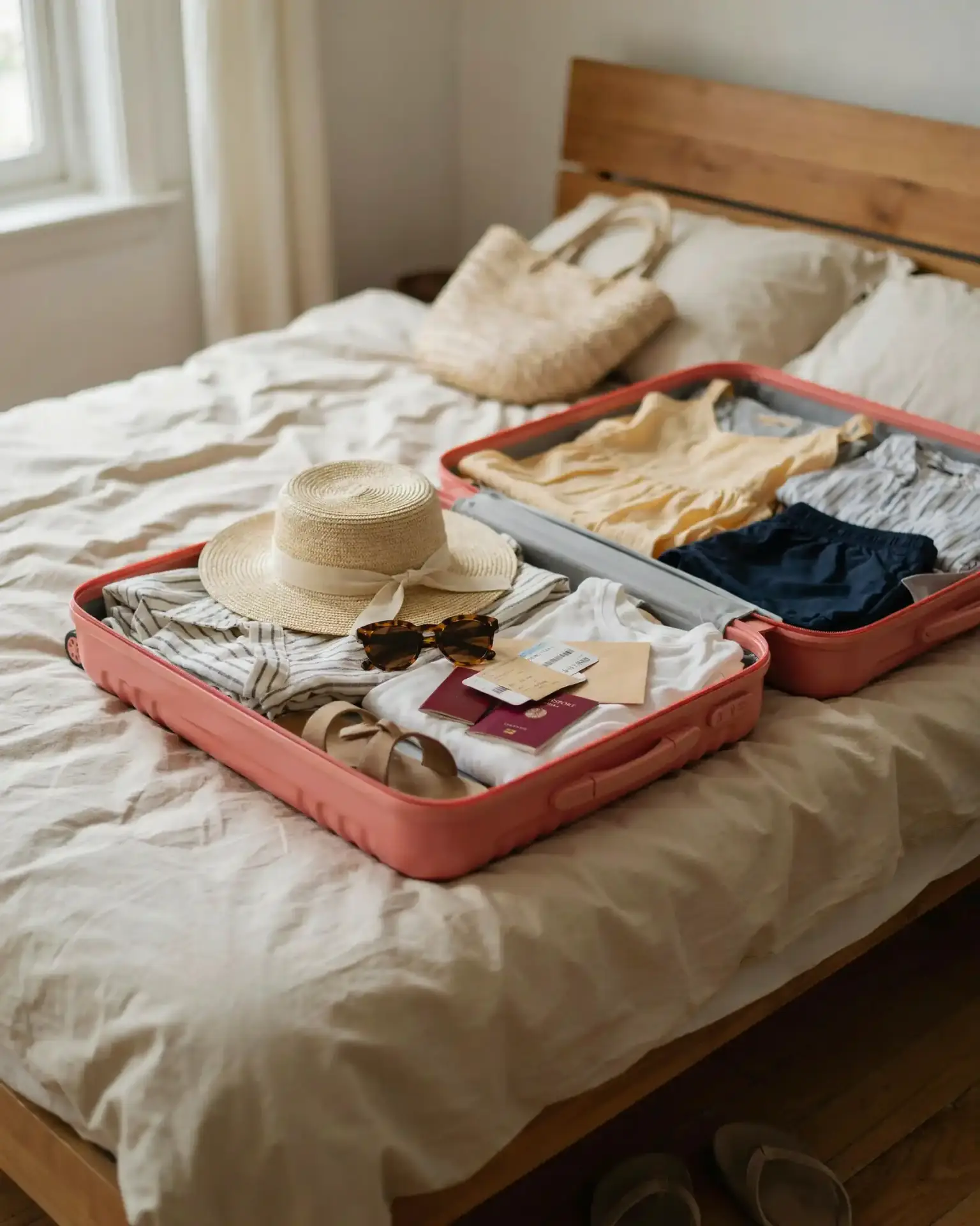 Suitcase being packed for a cruise with a sun hat and passports