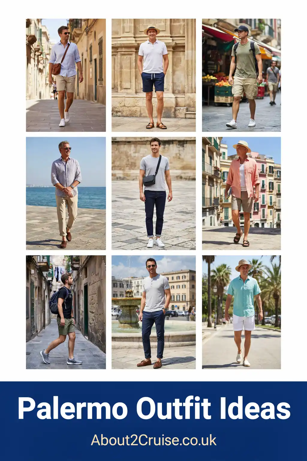 Grid of casual men's walking outfits for Palermo, covering shoulders and knees, sturdy walking shoes, hats and light layers