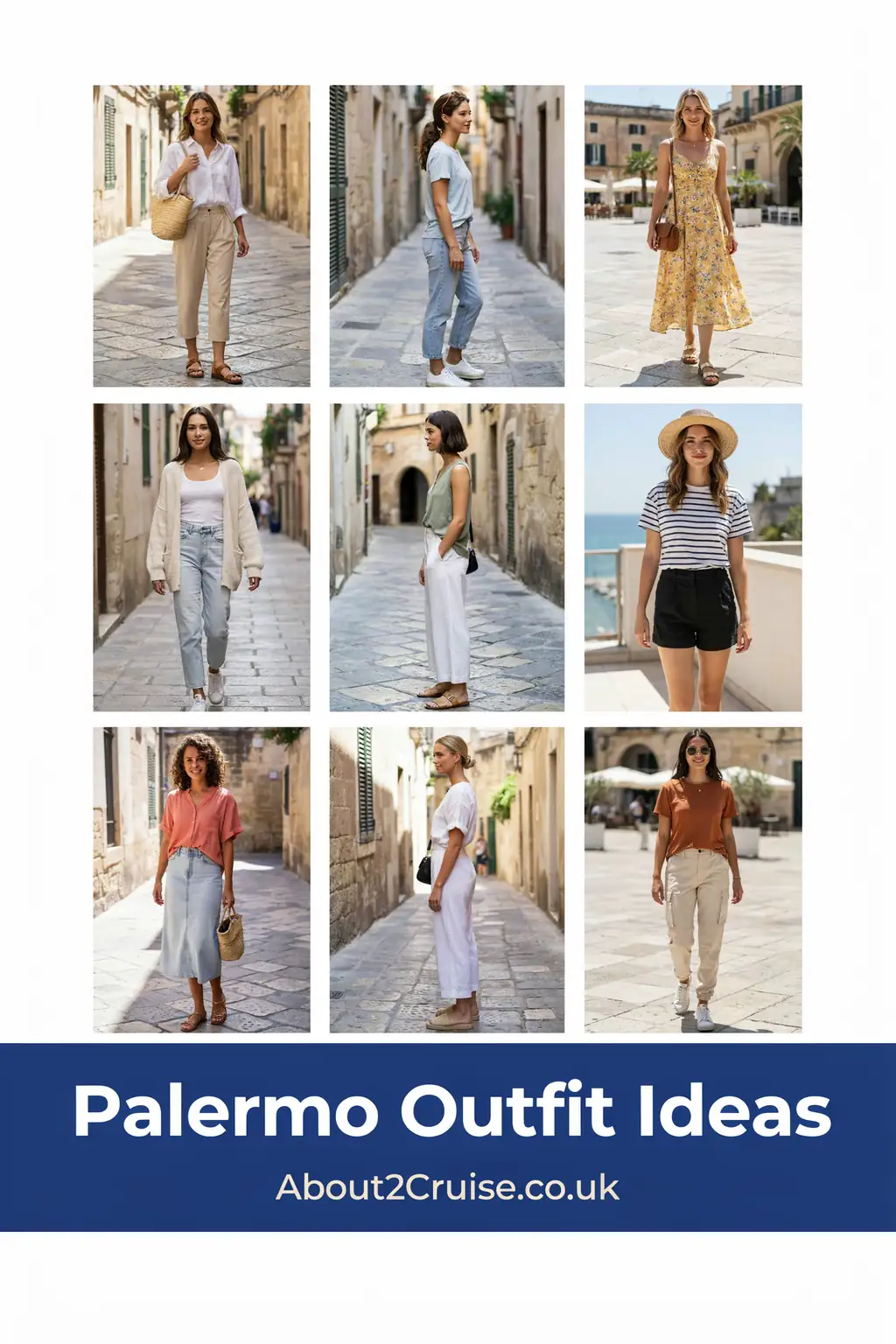 Palermo cruise port: mood board grid of casual women's tourist walking outfits for a port day in Palermo
