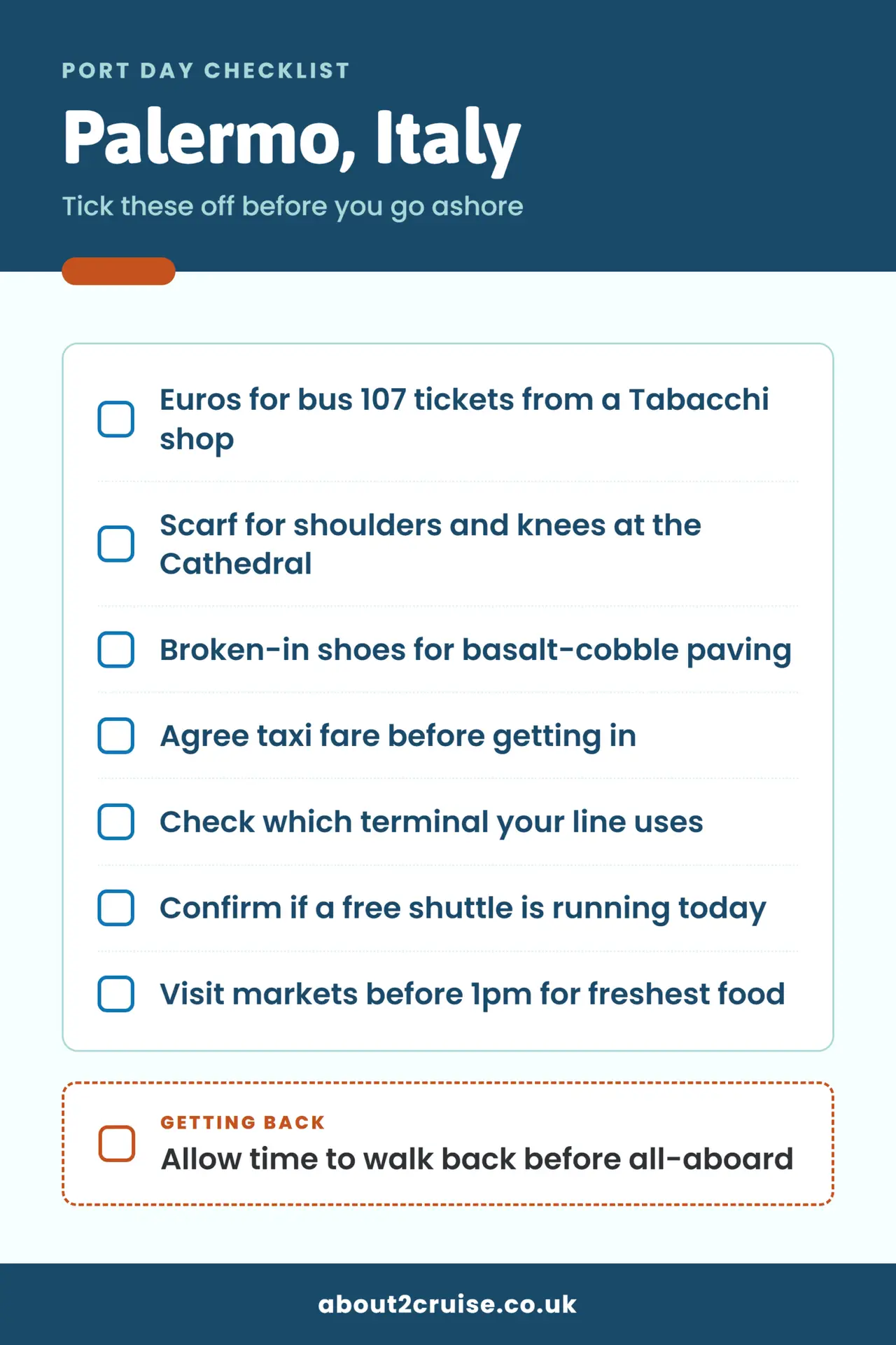 Palermo cruise port day checklist: what to bring and check before going ashore