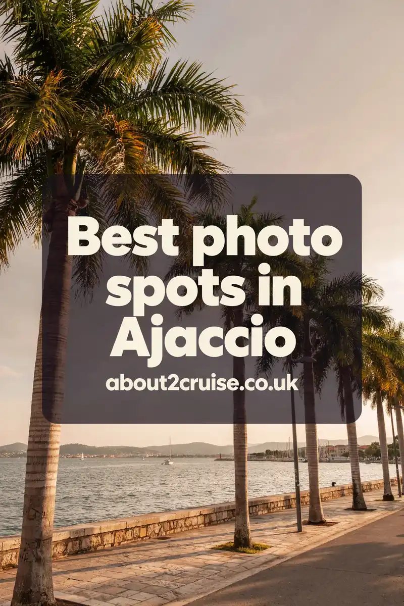 Ajaccio cruise port: palm-lined waterfront promenade with harbour views in golden light