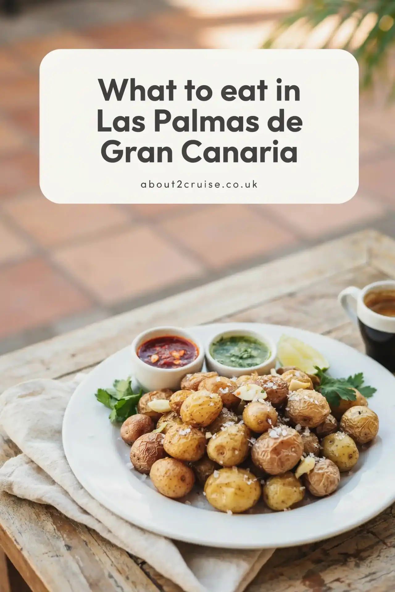 Close up of papas arrugadas with mojo sauce, a Canarian dish served at a sunny cafe table in Las Palmas de Gran Canaria