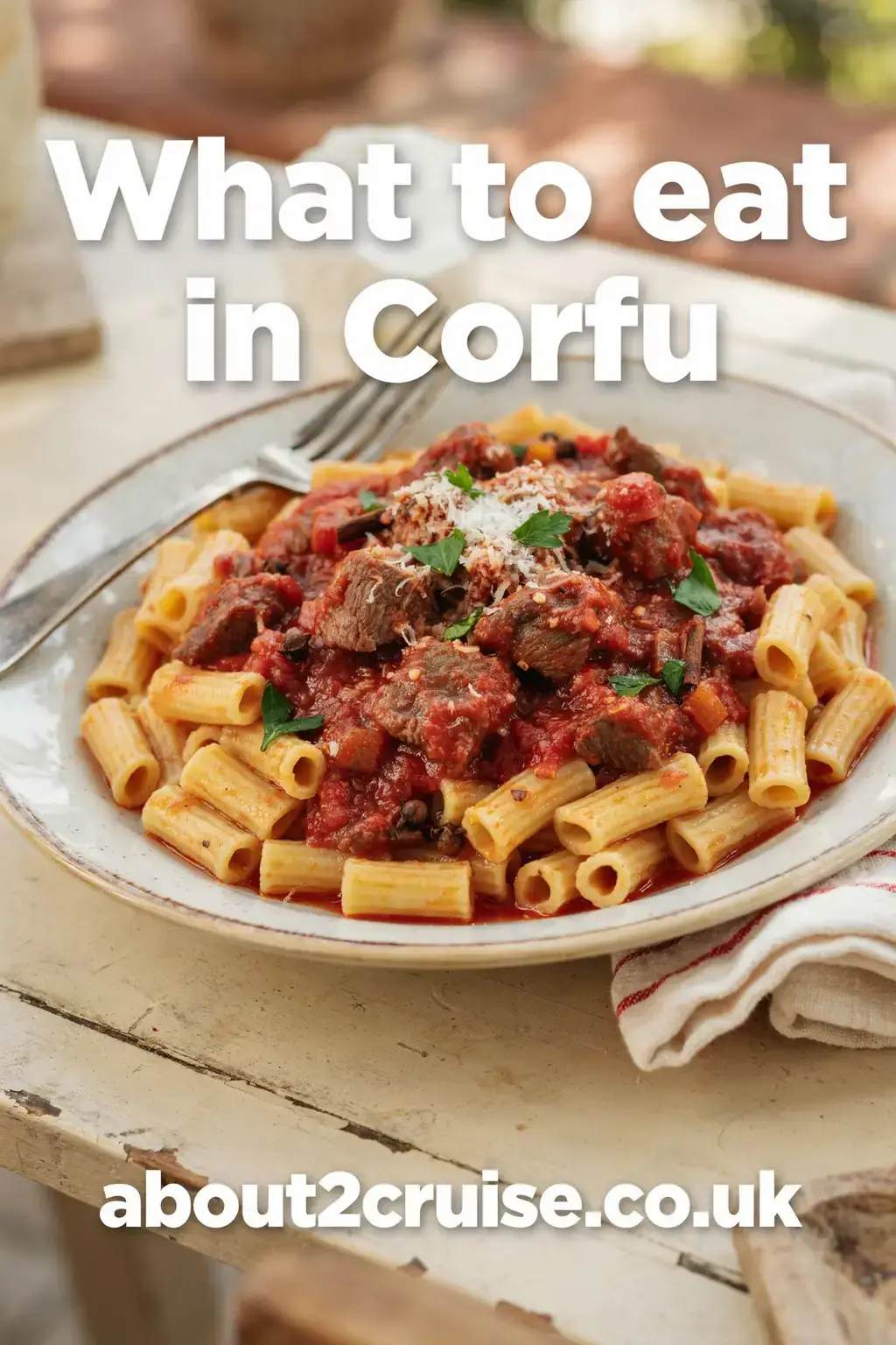 Corfu cruise port: close-up of pastitsada, a traditional Corfiot dish, served at a sunny outdoor cafe table