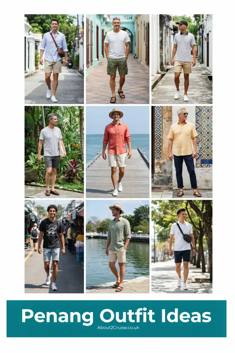 Mood board grid of casual men's tourist walking outfits for Penang