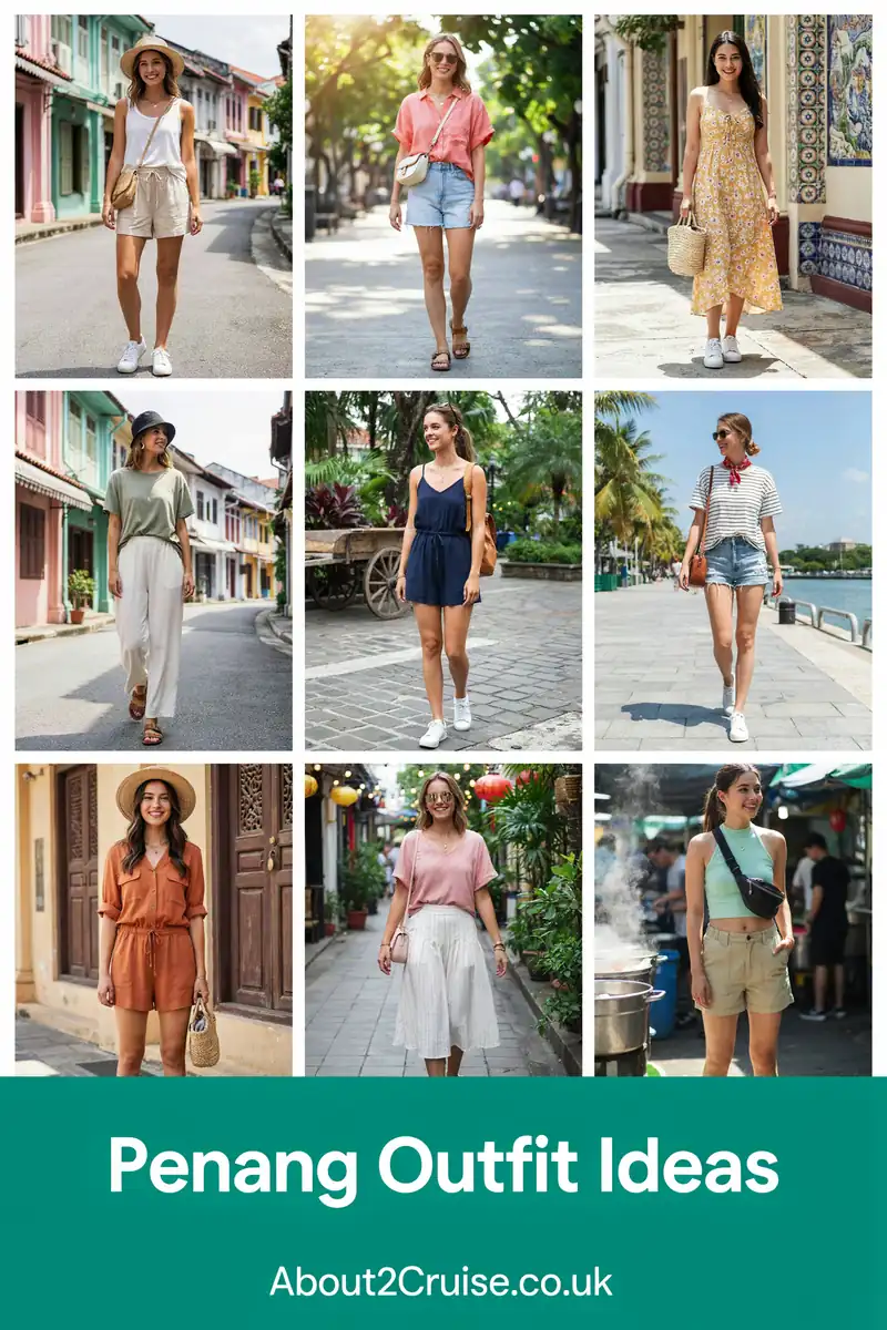 Mood board grid of casual women's tourist walking outfits for Penang