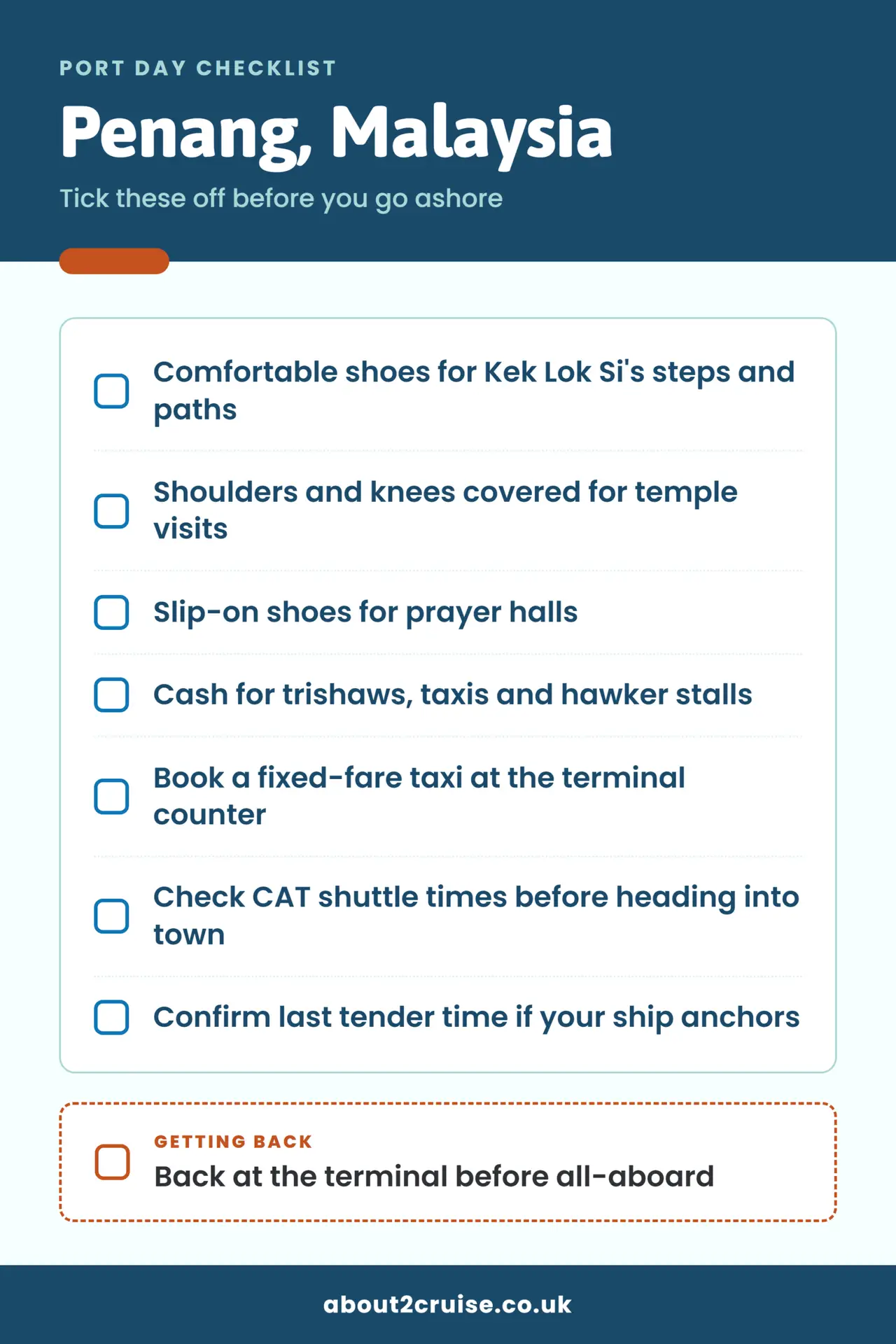 Penang cruise port day checklist: what to bring and check before going ashore