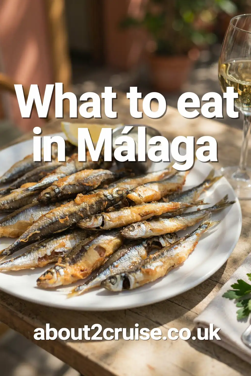 Málaga cruise port: close-up of pescaíto frito, fried fish and shellfish, at a sunny cafe table