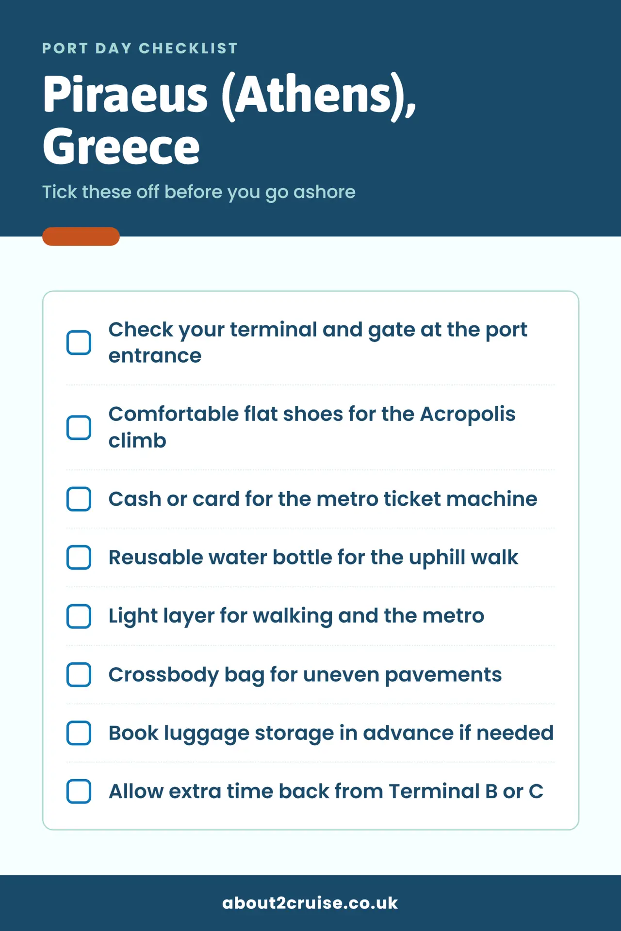 Piraeus (Athens) cruise port day checklist: what to bring and check before going ashore