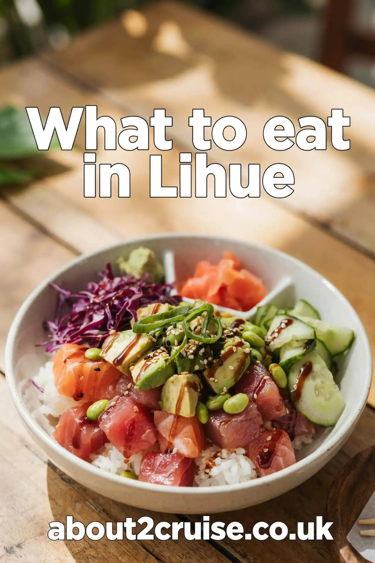 Nawiliwili cruise port: close up of a poke bowl, a popular local dish near Lihue, Kauai