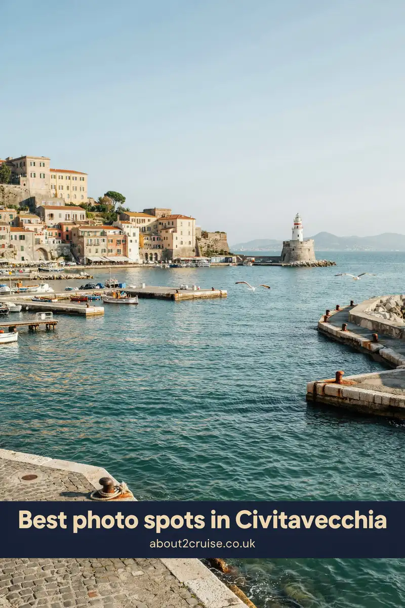 Civitavecchia cruise port: seafront view near the fortress and harbour promenade on a sunny day