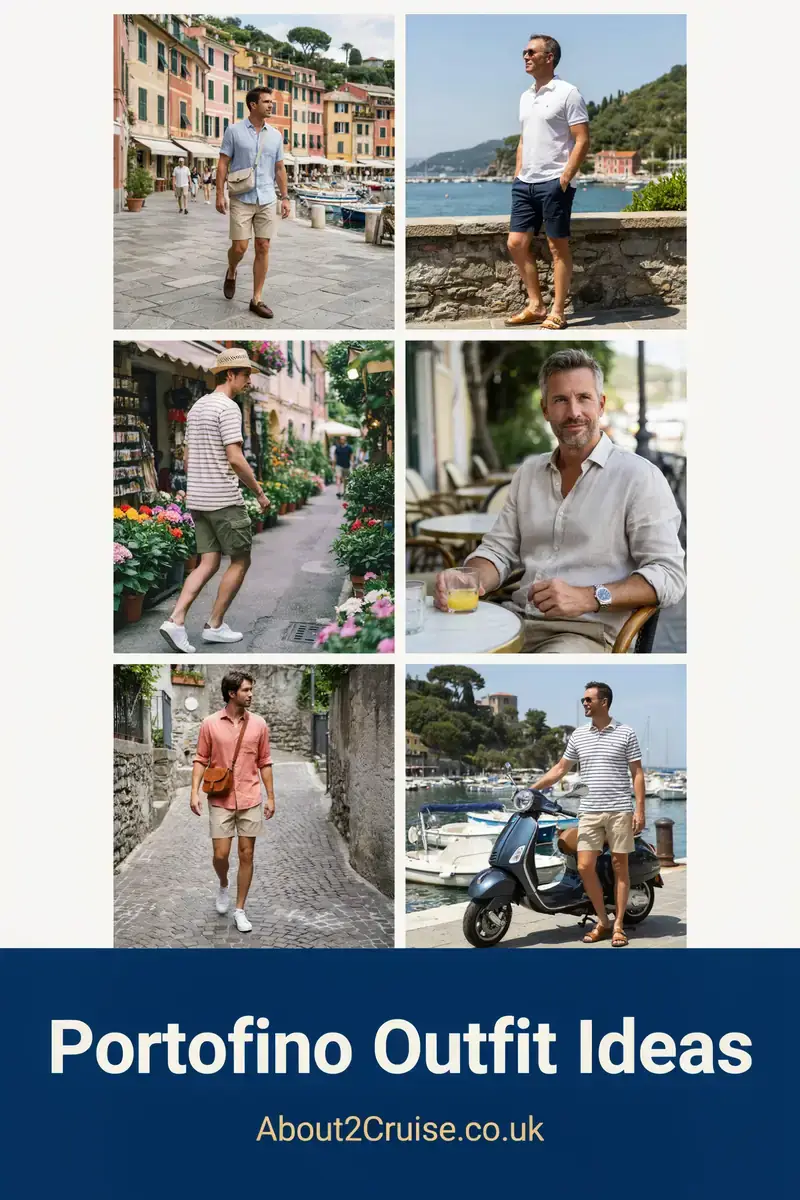 Grid of casual men's walking outfits for sightseeing in Portofino