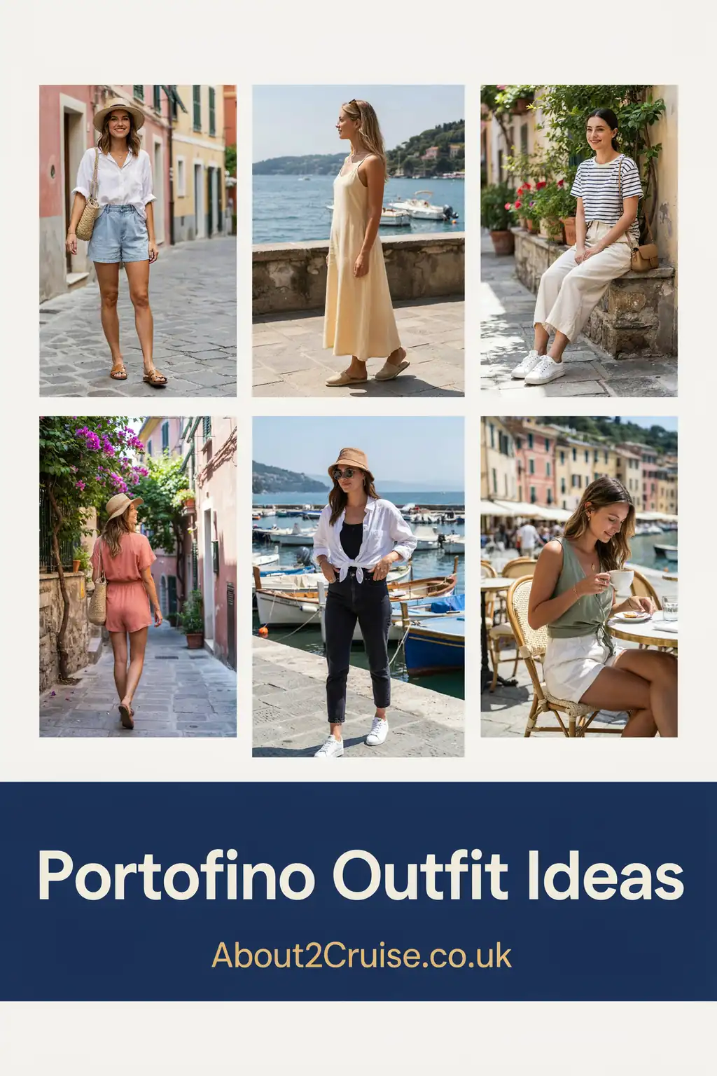 Mood board grid of casual tourist walking outfits for women in Portofino