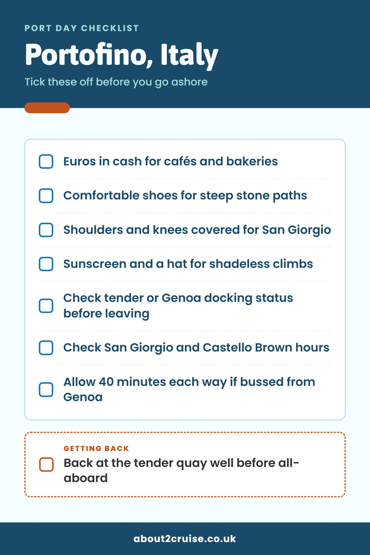 Portofino cruise port day checklist: what to bring and check before going ashore