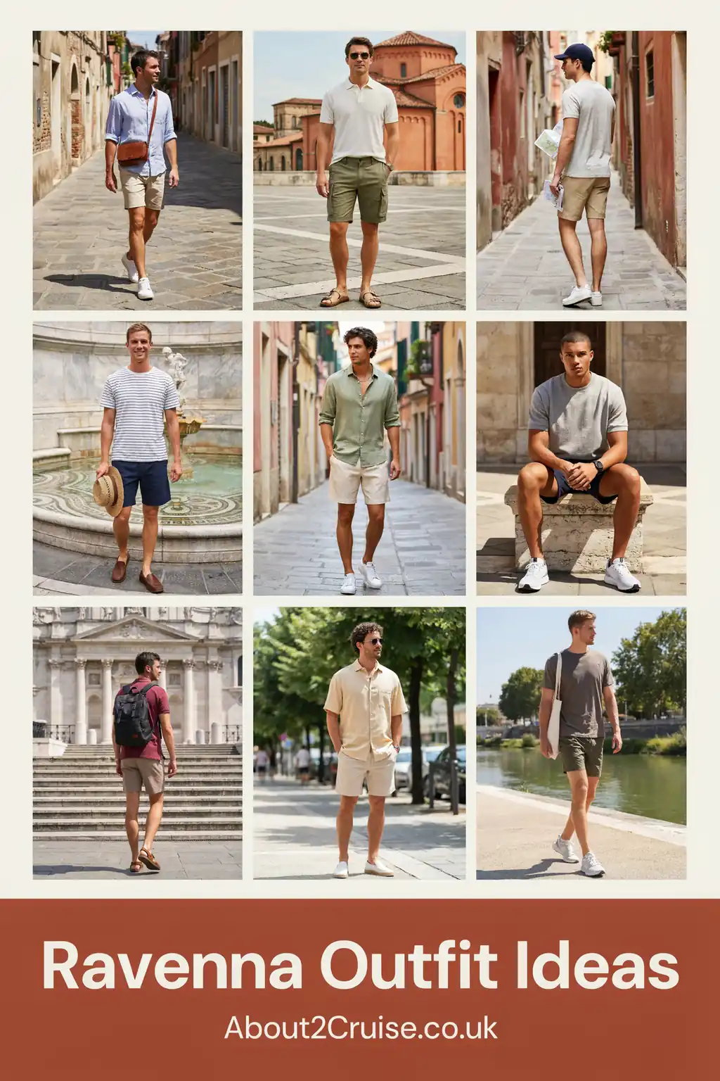 Mood board grid of casual men's tourist walking outfits for Ravenna