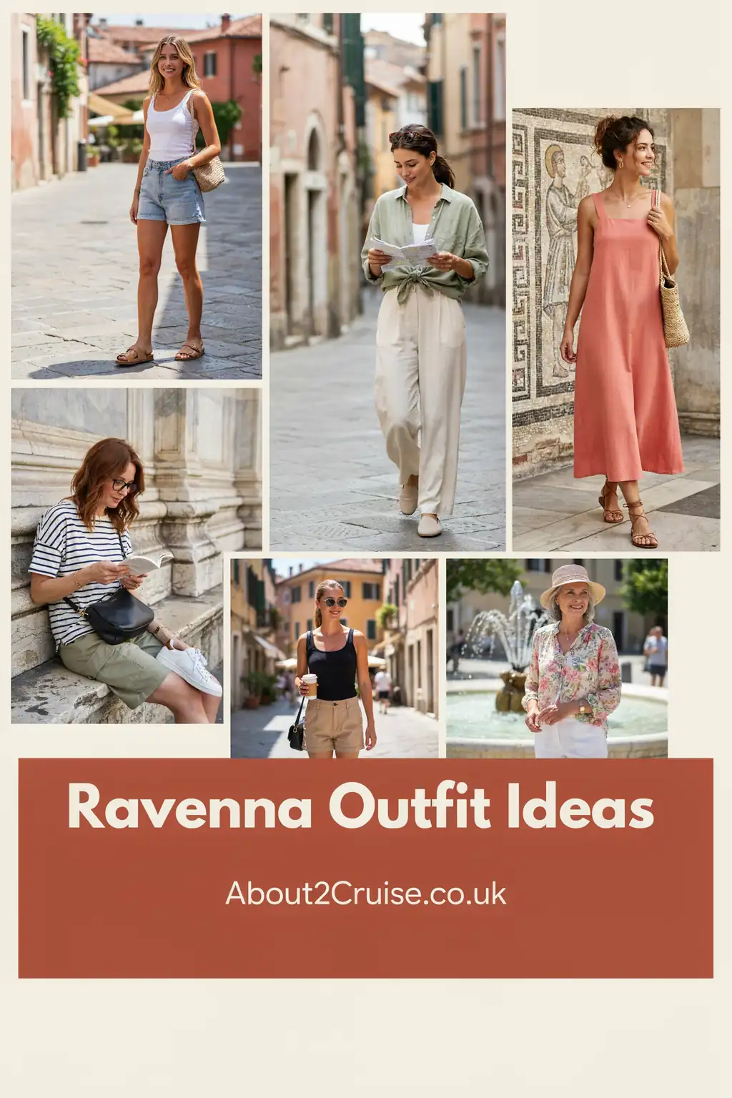 Mood board grid of casual women's tourist walking outfits for Ravenna