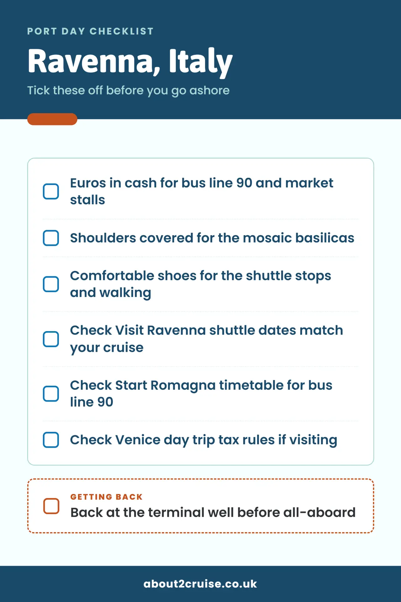 Ravenna cruise port day checklist: what to bring and check before going ashore
