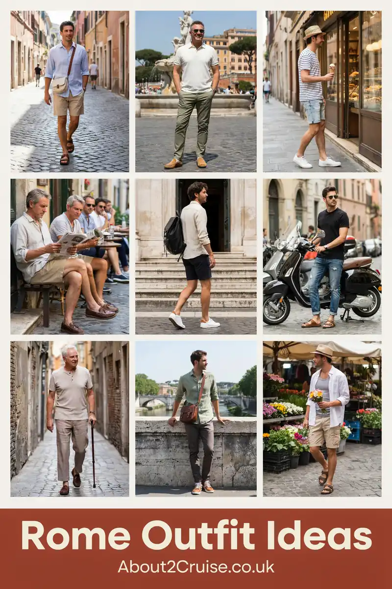 Rome outfit ideas: grid of casual tourist walking outfits for men in Rome