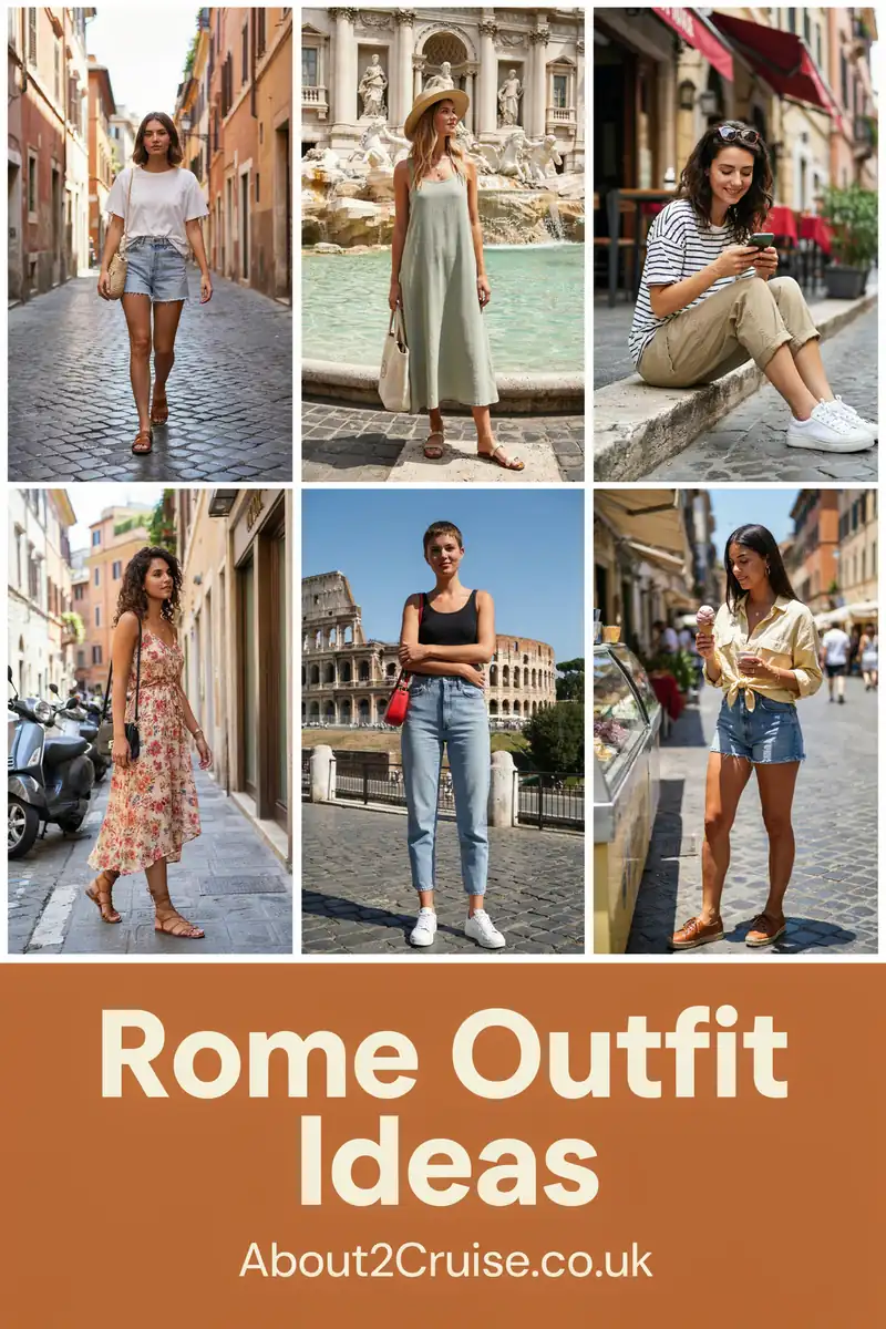 Rome cruise port: mood board of casual women's tourist outfits for walking in Rome