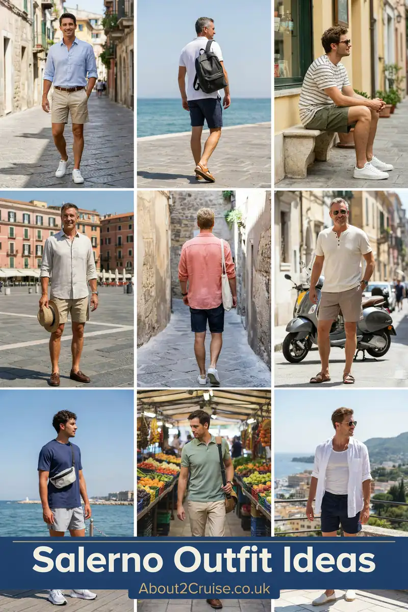 Salerno outfit ideas: mood board of casual tourist walking outfits for men
