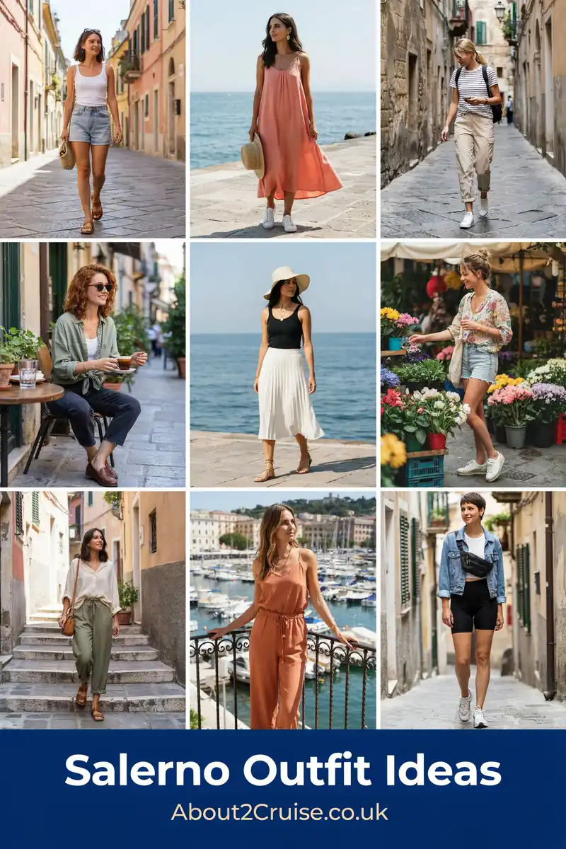 Salerno cruise port: mood board of casual tourist walking outfit ideas for women