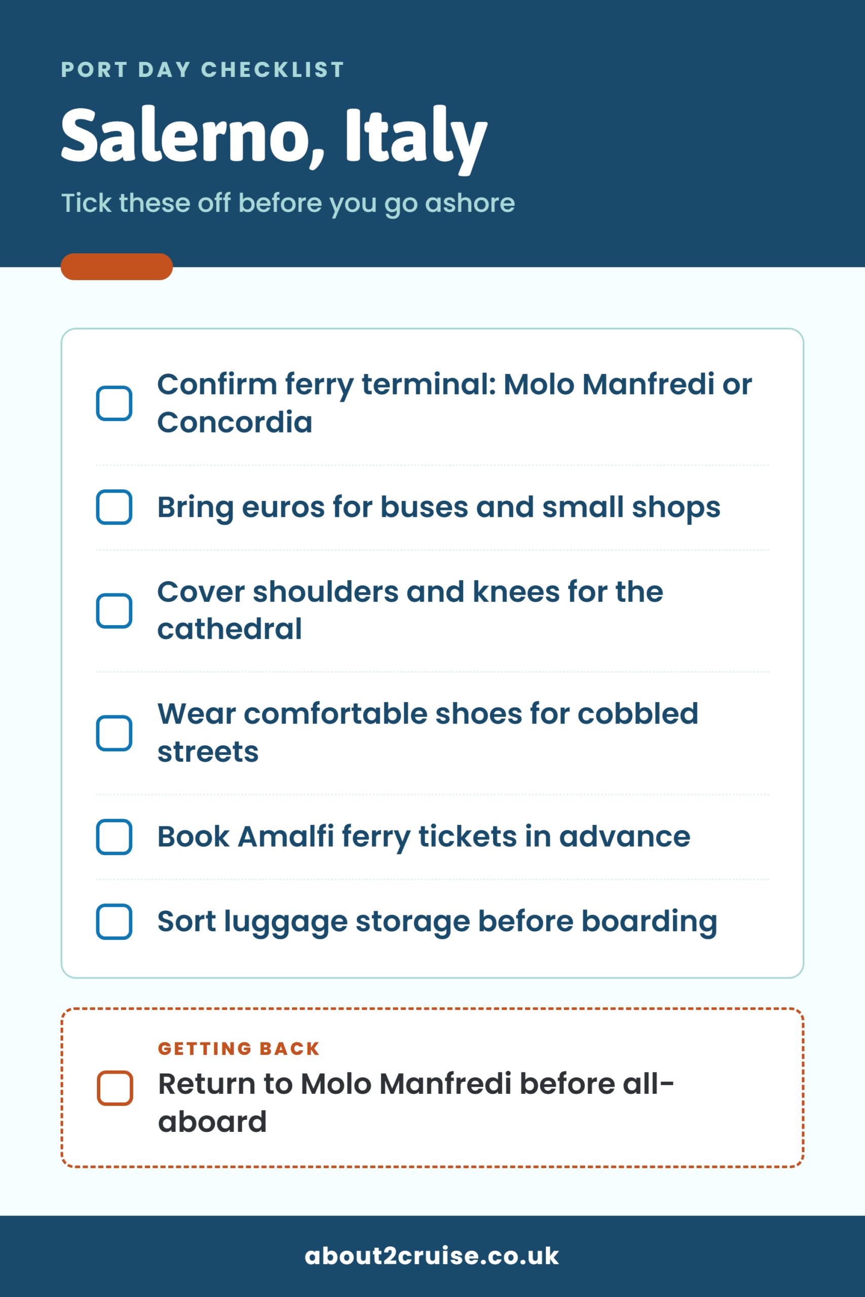 Salerno cruise port day checklist: what to bring and check before going ashore