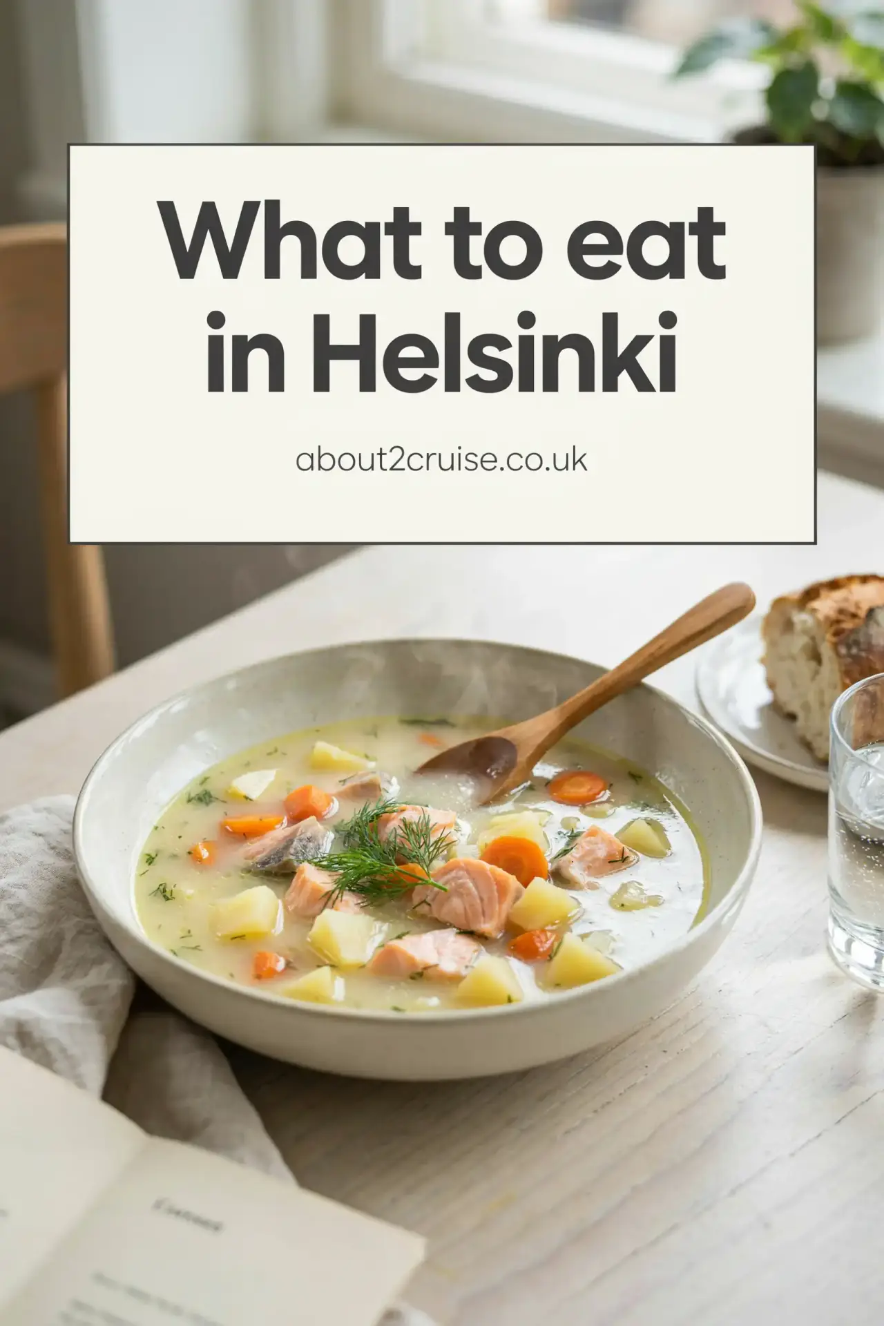 Creamy dill-flecked salmon soup (lohikeitto), a local dish in Helsinki, Finland, served at a sunny cafe table