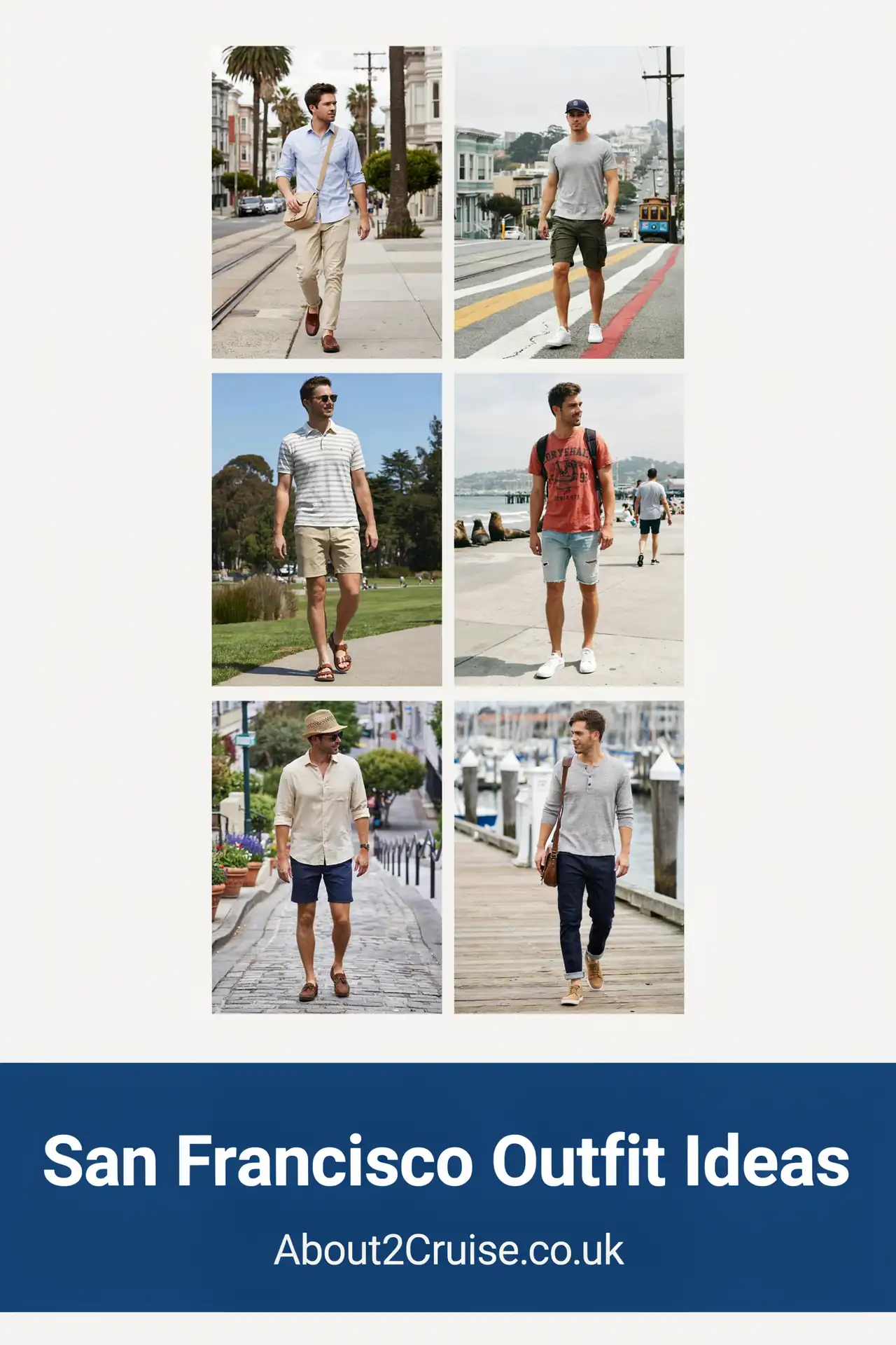 Grid of casual men's walking outfit ideas for San Francisco on a sunny day