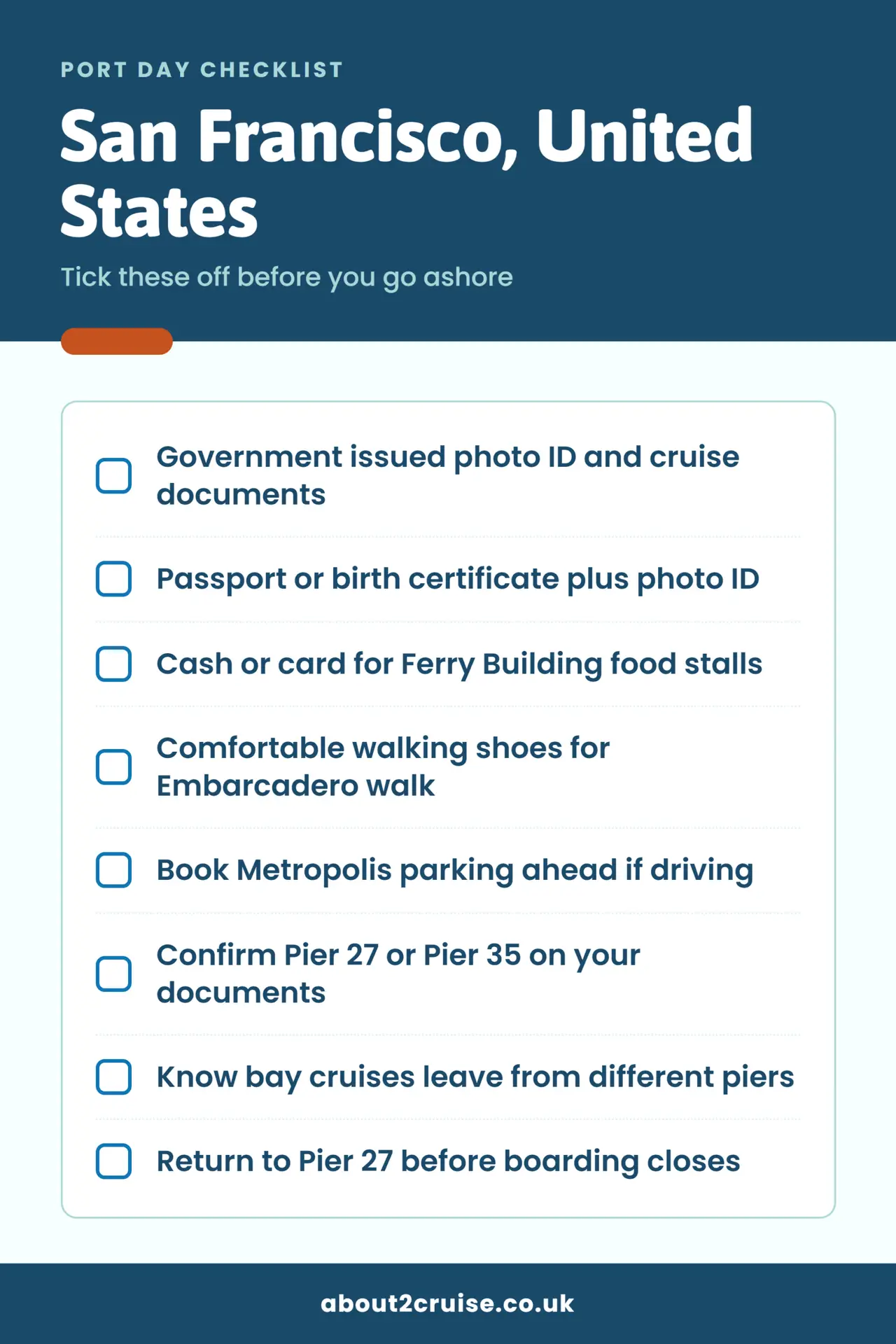 San Francisco cruise port day checklist: what to bring and check before going ashore