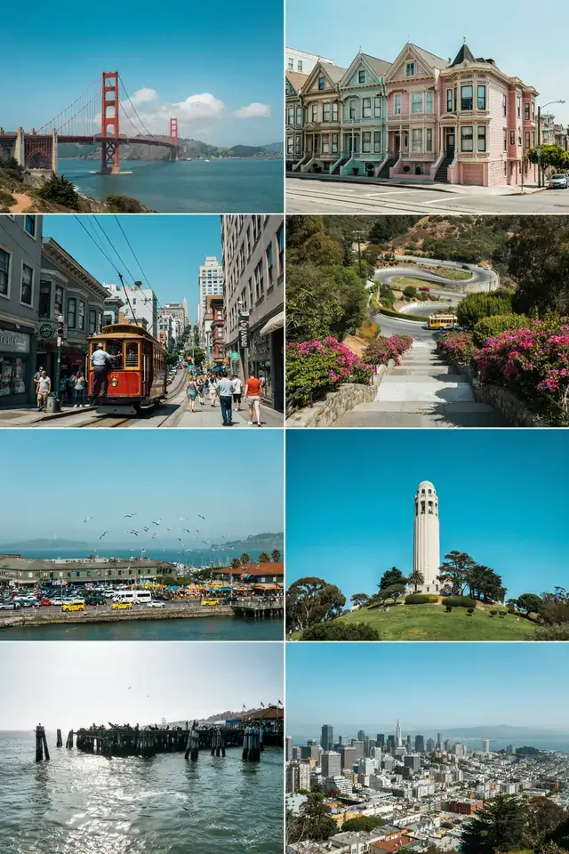 San Francisco cruise port: grid of local San Francisco, USA scenes on a sunny day