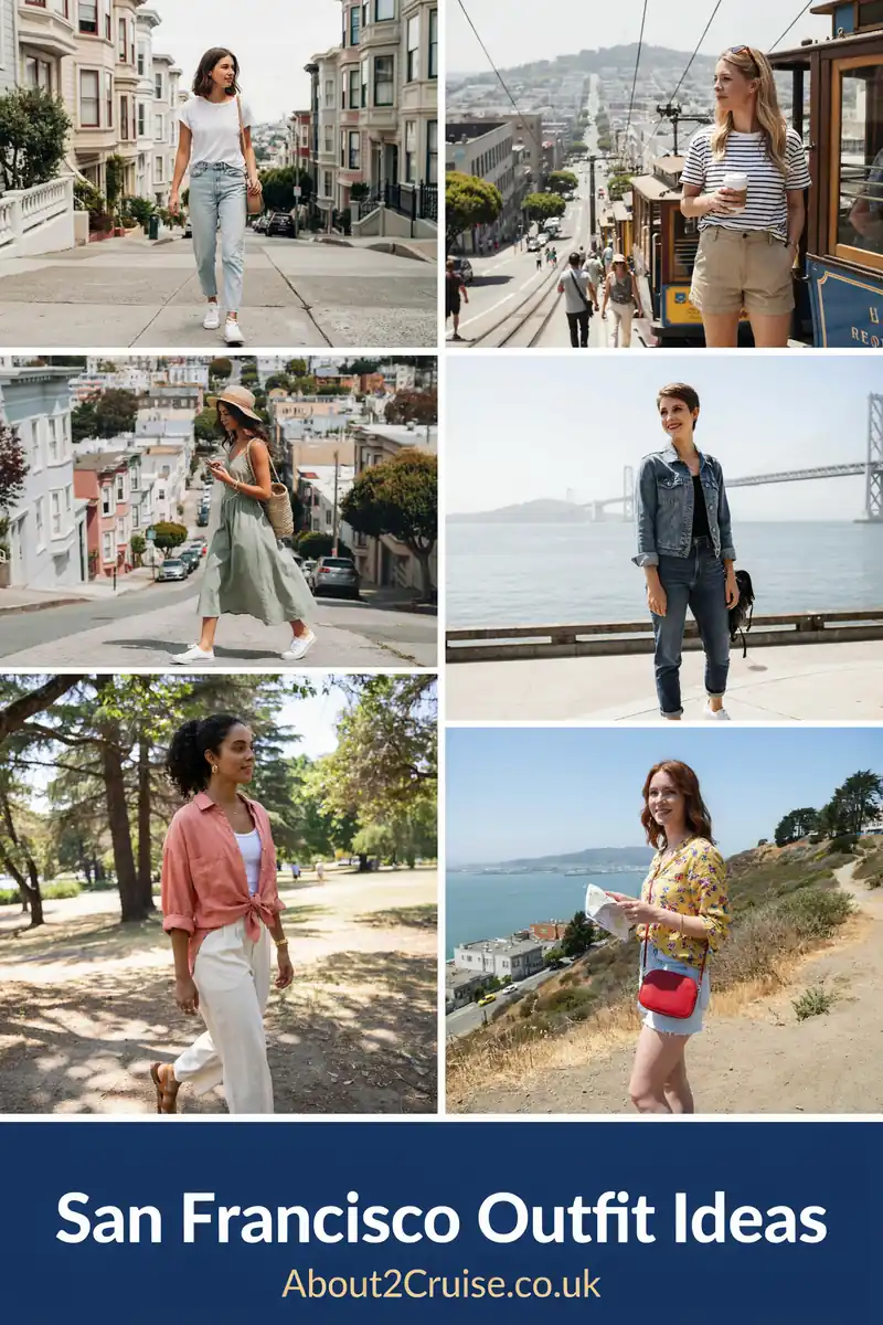 Mood board grid of casual women's walking outfits for a San Francisco cruise port day