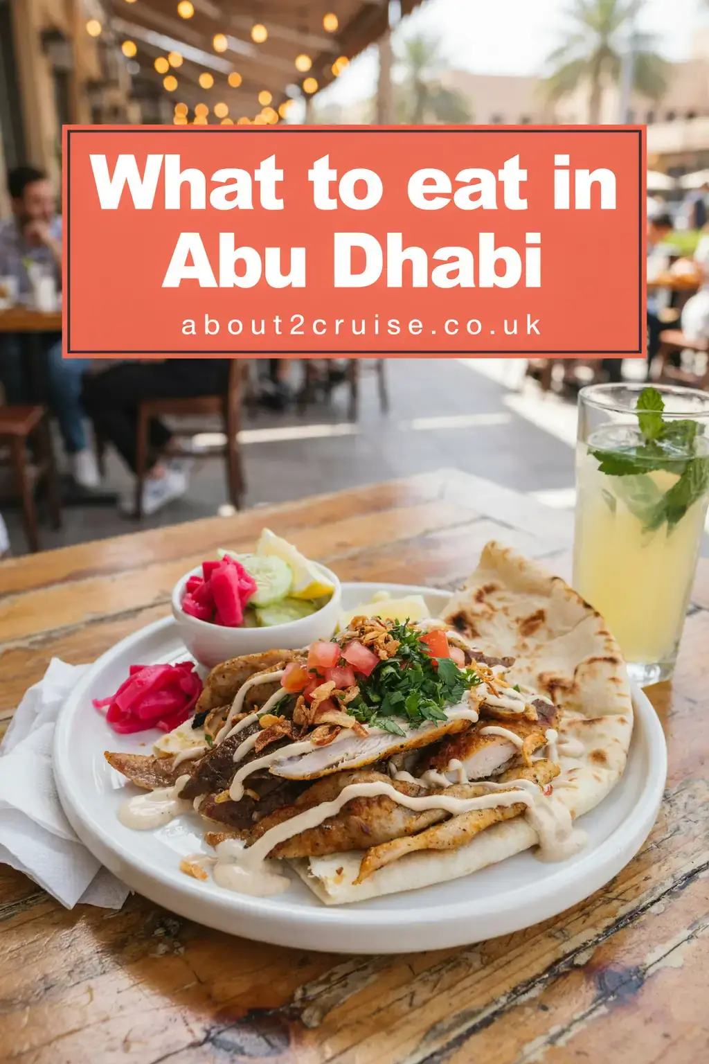 Shawarma, a local dish served at a sunny cafe table in Abu Dhabi