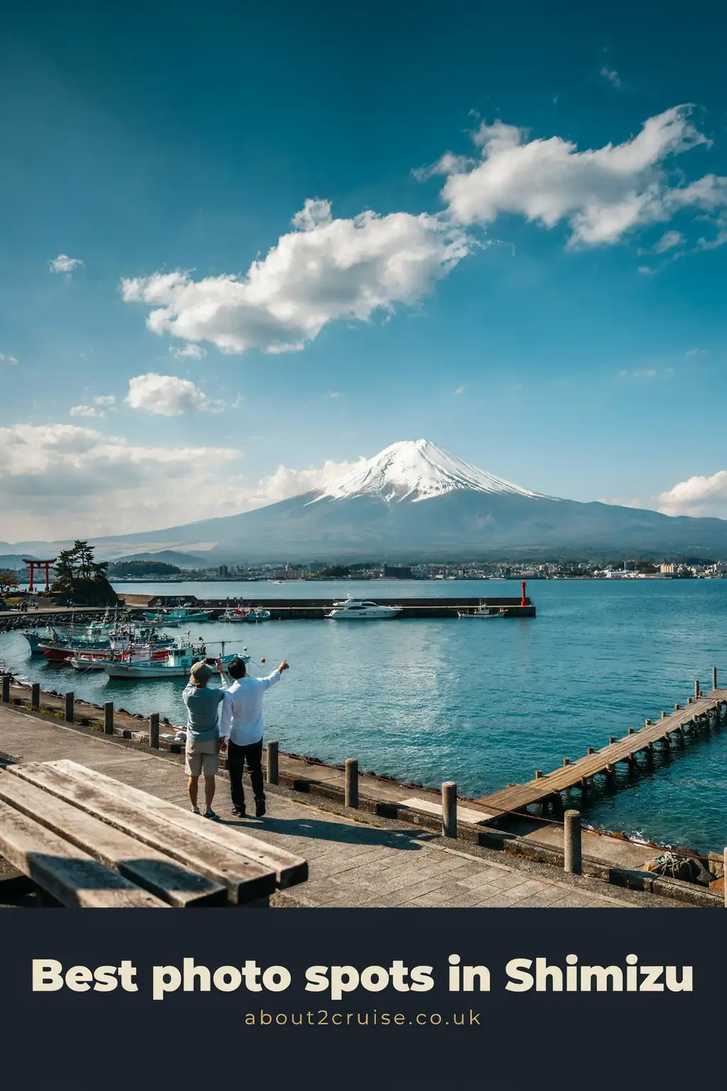 Shimizu cruise port: Mount Fuji across Shimizu harbour with fishing boats and visitors taking photos on a sunny day